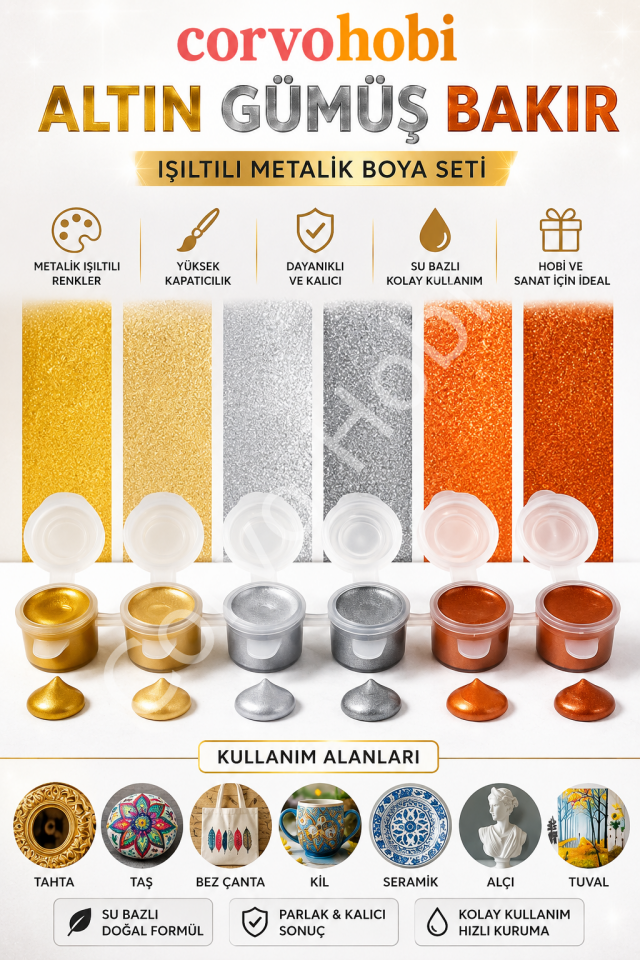Akrilik Boya 3ml, Metalik Akrilik boya Altın, Gümüş ve Bakır Renk (6'lı Şerit) Obje, Taş Boyama, Etkinlik
