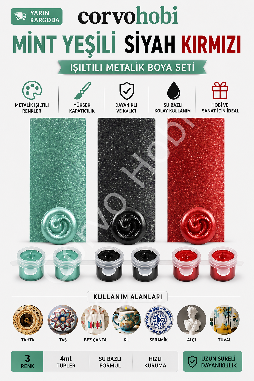 Akrilik Boya 3ml, Metalik Akrilik boya Mint Yeşili, Siyah ve Kırmızı Renk (6'lı Şerit) Obje, Taş Boyama, Etkinlik