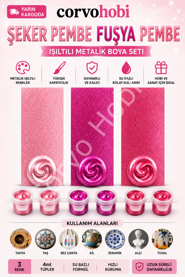 Akrilik Boya 3ml, Metalik Akrilik boya Şeker Pembe, Fuşya ve Pembe Renk (6'lı Şerit) Obje, Taş Boyama, Etkinlik