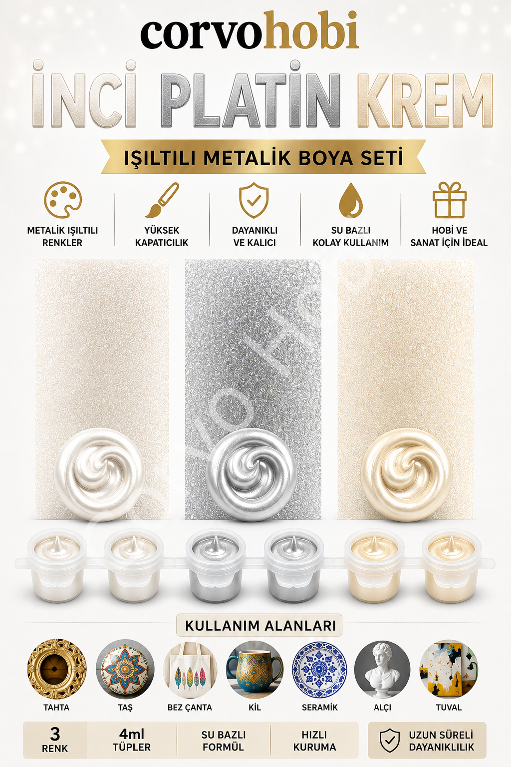 Akrilik Boya 3ml, Metalik Akrilik boya İnci, Platin ve Krem Renk (6'lı Şerit) Obje, Taş Boyama, Etkinlik