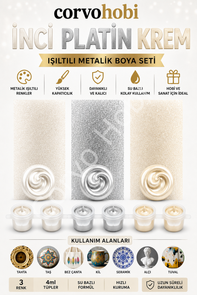 Akrilik Boya 3ml, Metalik Akrilik boya İnci, Platin ve Krem Renk (6'lı Şerit) Obje, Taş Boyama, Etkinlik