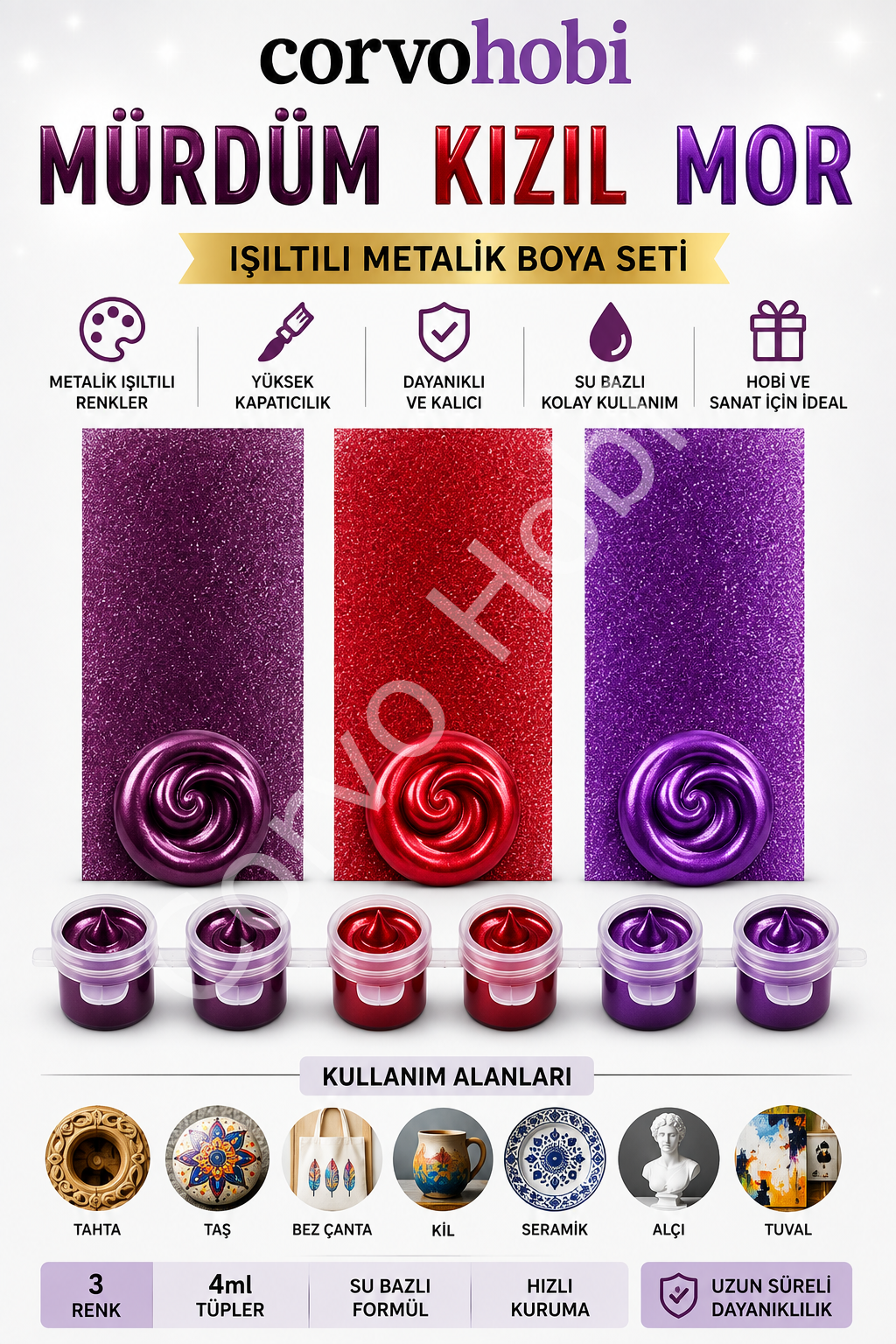 Akrilik Boya 3ml, Metalik Akrilik boya Mürdüm, Kızılı ve Mor Renk (6'lı Şerit) Obje, Taş Boyama, Etkinlik