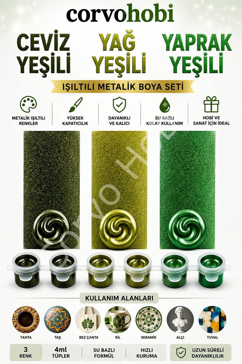Akrilik Boya 3ml, Metalik Akrilik boya Ceviz Yeşili, Yağ Yeşili ve Yaprak Yeşili Renk (6'lı Şerit) Obje, Taş Boyama, Etkinlik