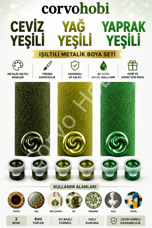 Akrilik Boya 3ml, Metalik Akrilik boya Ceviz Yeşili, Yağ Yeşili ve Yaprak Yeşili Renk (6'lı Şerit) Obje, Taş Boyama, Etkinlik