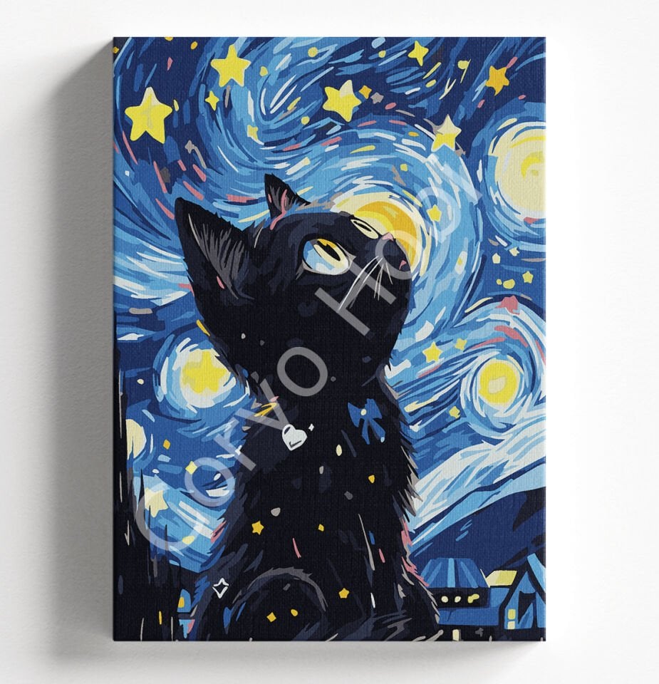 YILDIZLI GECE KEDİ SAYILARLA BOYAMA HOBİ SETİ