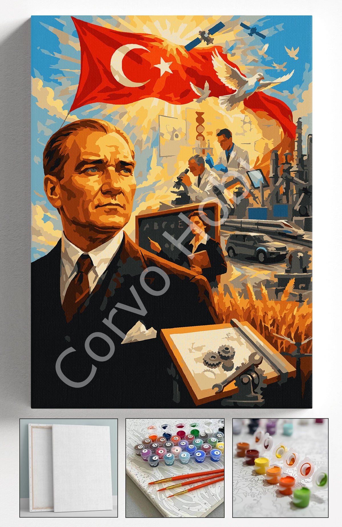 ATATÜRK DEVRİMİ , SAYILARLA BOYAMA SETİ TUVAL, AKRİLİK BOYA, FIRÇALAR, ASKI APARATI