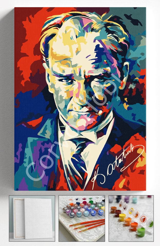 ATATÜRK İMZA ,  SAYILARLA BOYAMA SETİ TUVAL, AKRİLİK BOYA, FIRÇALAR, ASKI APARATI
