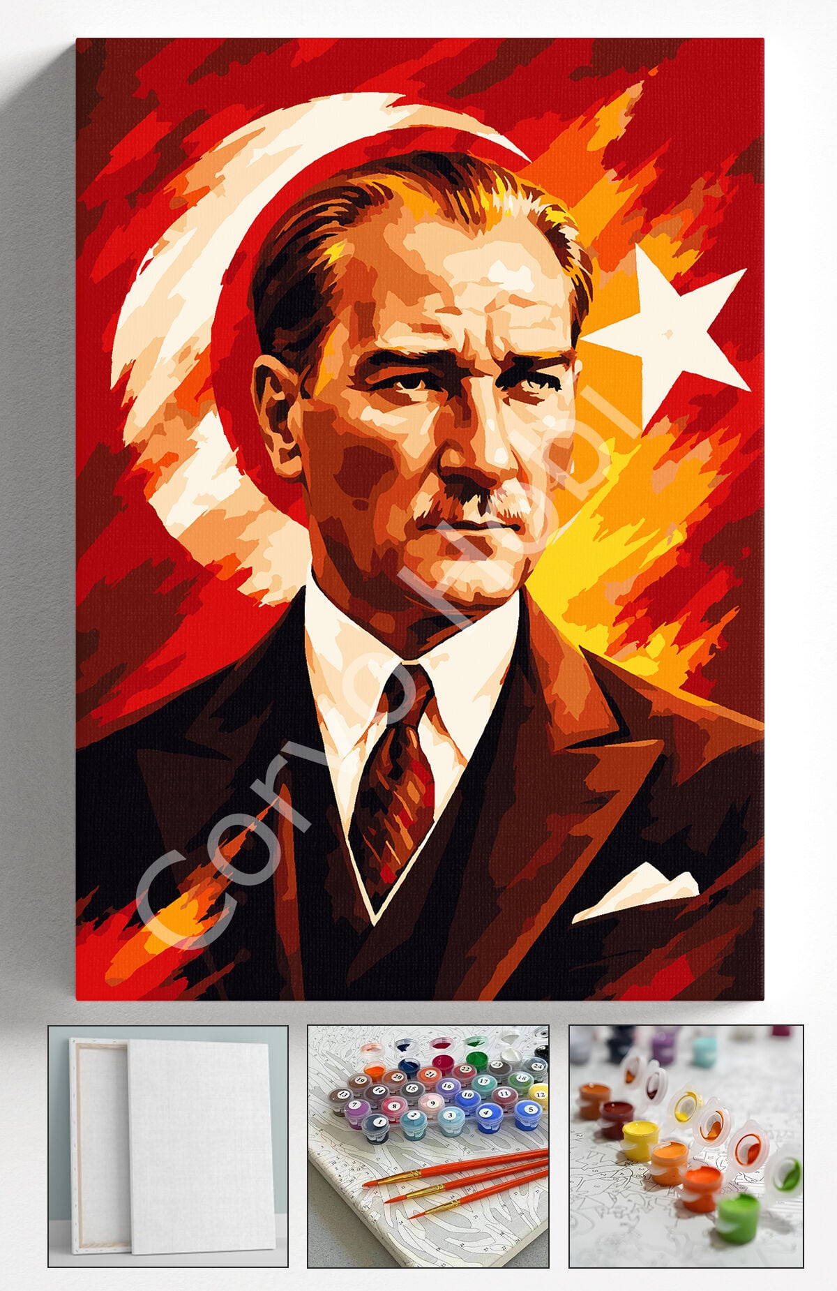 AYYILDIZ ATATÜRK, SAYILARLA BOYAMA SETİ TUVAL, AKRİLİK BOYA, FIRÇALAR, ASKI APARATI