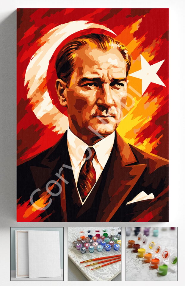 AYYILDIZ ATATÜRK, SAYILARLA BOYAMA SETİ TUVAL, AKRİLİK BOYA, FIRÇALAR, ASKI APARATI