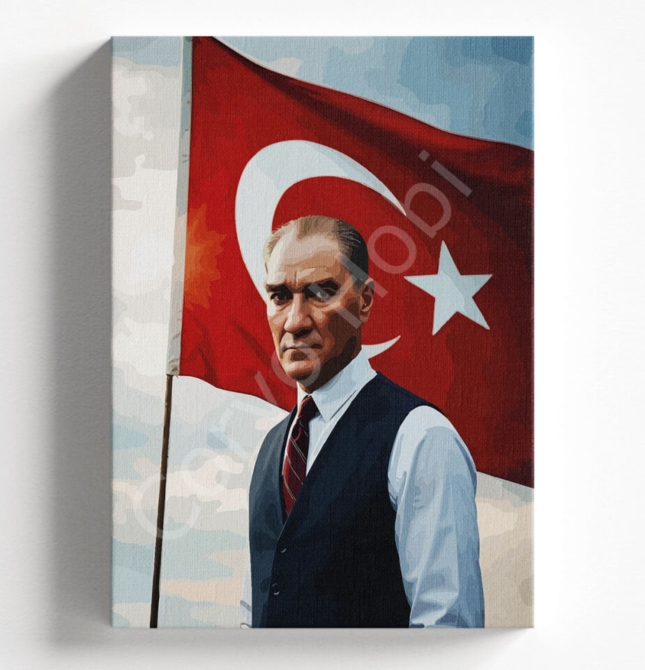 ATATÜRK BAYRAK, SAYILARLA BOYAMA SETİ TUVAL, AKRİLİK BOYA, FIRÇALAR, ASKI APARATI