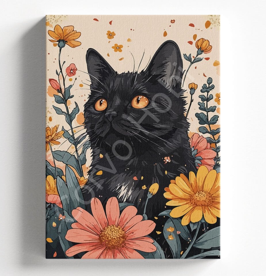 SİYAH KEDİ VE ÇİÇEKLER - SAYILARLA BOYAMA SETİ