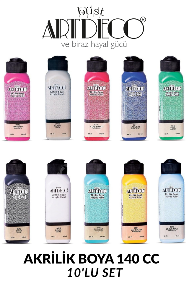 Artdeco 140 ml Akrilik Boya Seti, 10'lu Set, ÇOK RENKLİ